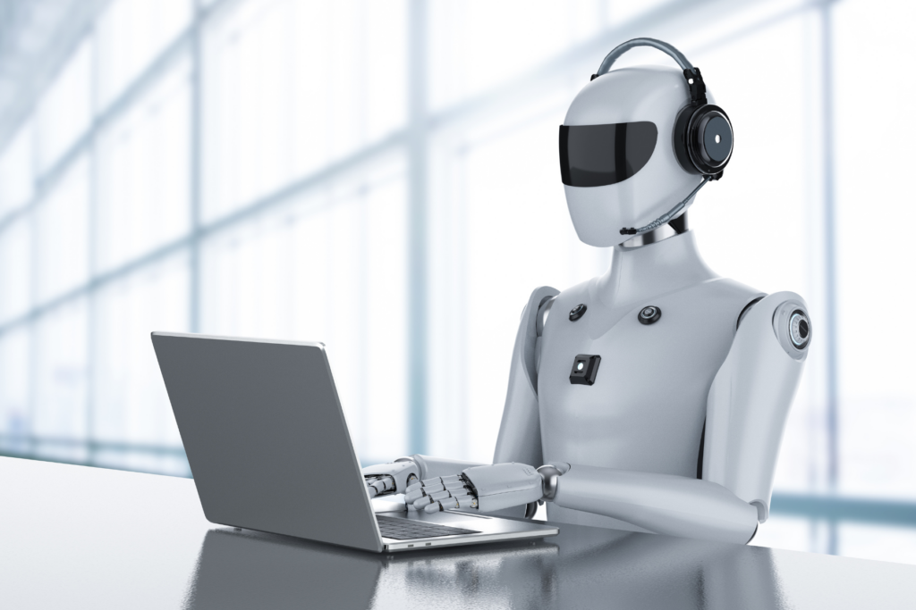 Robot Customer Service Agent with Headset on Computer